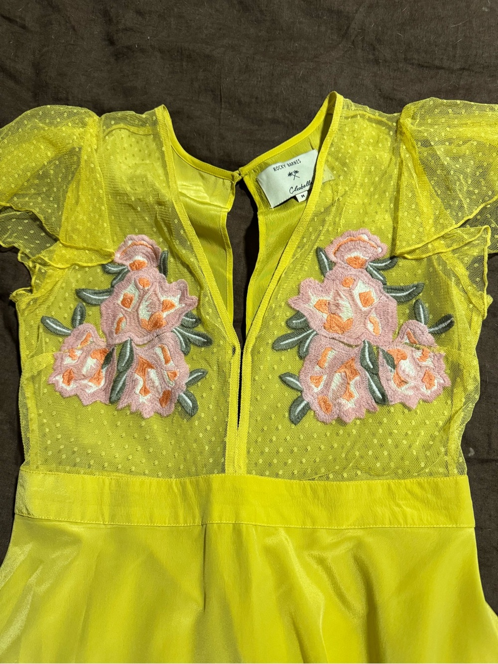 Tularosa Yellow Mini Dress with Pink Floral Appliqué